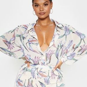 1105 NWT PrettyLittleThing Plus Dusty Pink Floral Oversized Shirt - Size 22